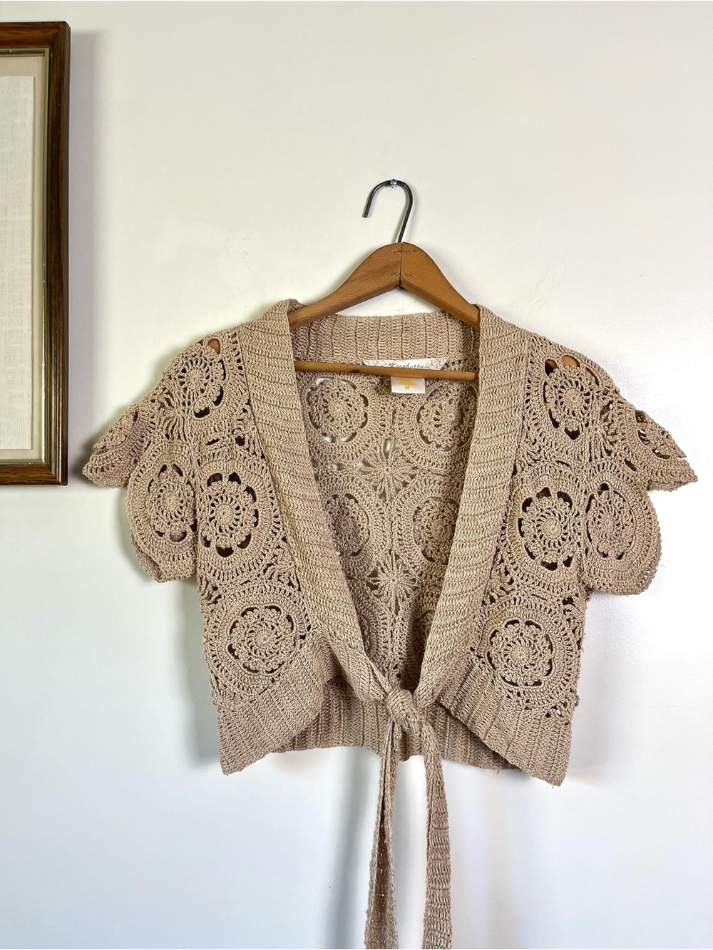 Kroshetta Tan Crocheted Tie Up Short Sleeve Top 100% Cotton